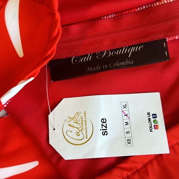 NEW - RED/WHITE LEAF PRINT CROP TOP RUFFLED SLEEVE SZ LARGE - Picture 9 of 11